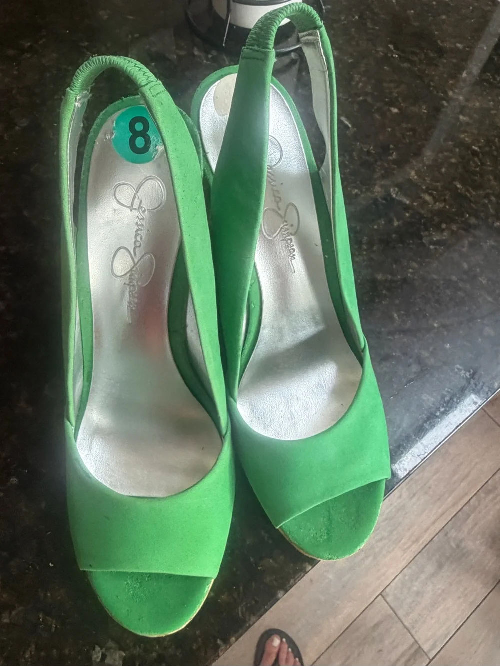 Green Suede Cork Wedge Peep-Toe Heels